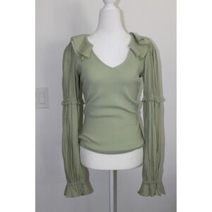 Anthropologie Sage Green Ruffle Collar Ribbed Long Sleeve Top Small NEW